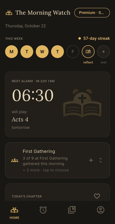 Home screen: this week's strip, a 57-day streak, and the next alarm at 06:30 which will play Acts 4