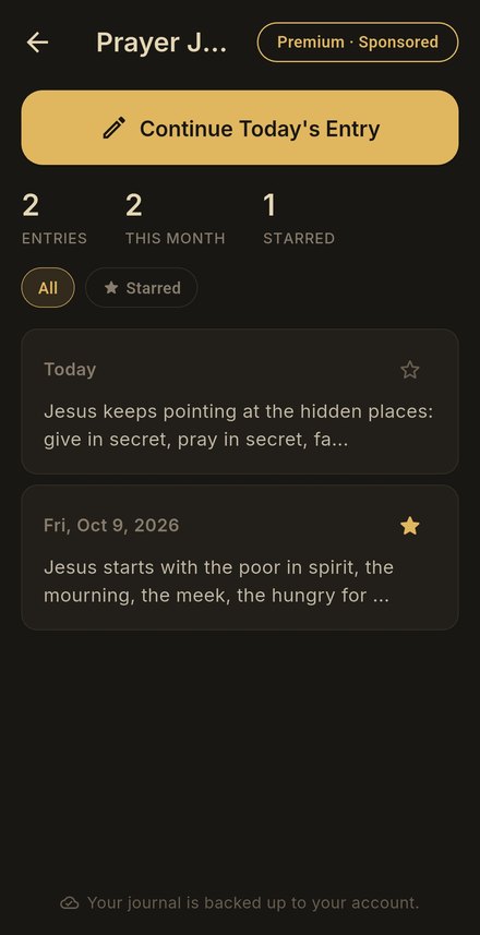The prayer journal with two entries, one starred: giving in secret, and the Beatitudes