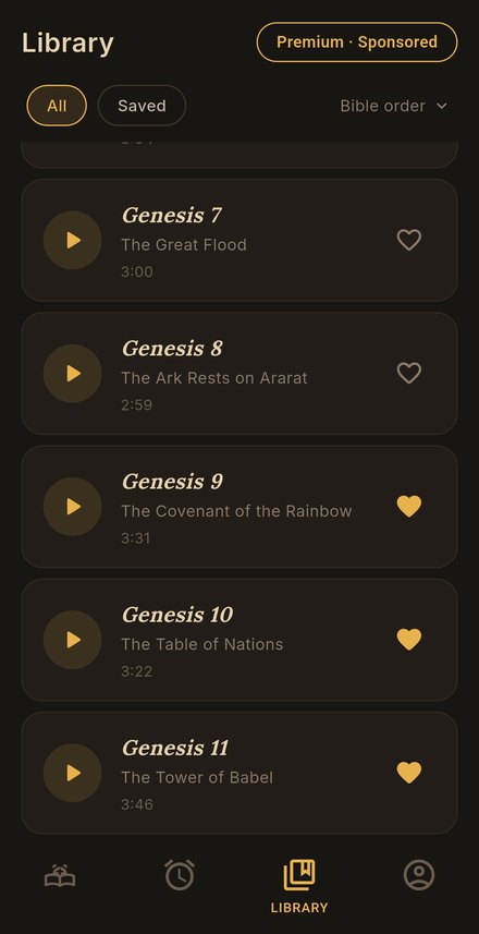 Library list of delivered chapters, with Genesis 9, 10 and 11 saved as favourites